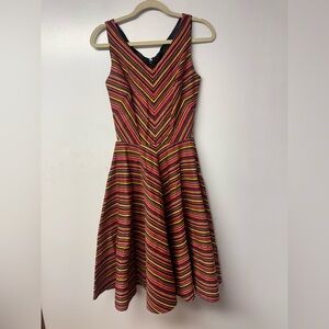 Pinup Couture Fit Flare Dress Small Chevron Stripe Cotton Made USA rockabilly